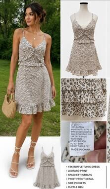 NWT Y2K 2000s Wildfire Leopard Print Ruffle Tunic Dress Size 8 Twist Front